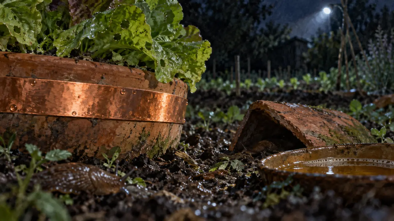Répulsif naturel limace : ruban de cuivre anti-limaces dans un potager humide