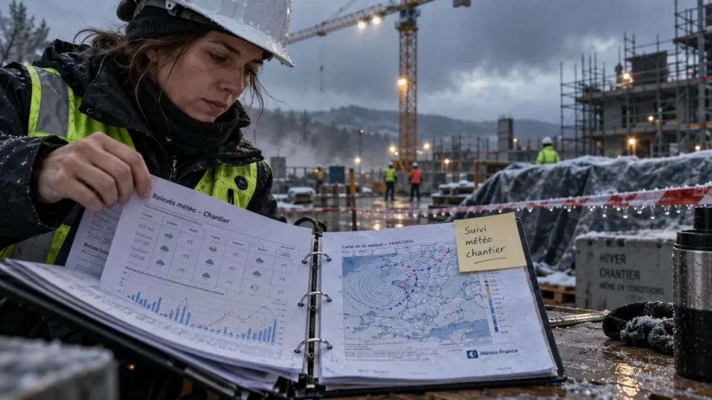 Le suivi météorologique de chantier documente les intempéries, les arrêts et les retards